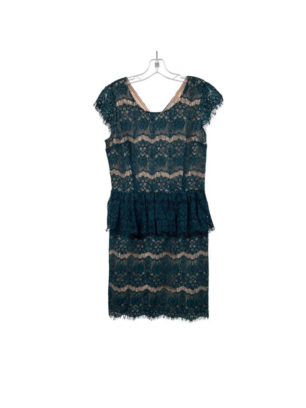 MAEVE Anthropologie Lace Peplum Sheath Dress Emerald Green/Nude Medium New